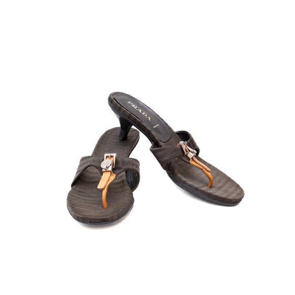 Prada Brown Kitten Heel Logo Monogram Sandals – Size EU 37.5 / UK 4.5 / US 7.5 - Picture 2 of 8